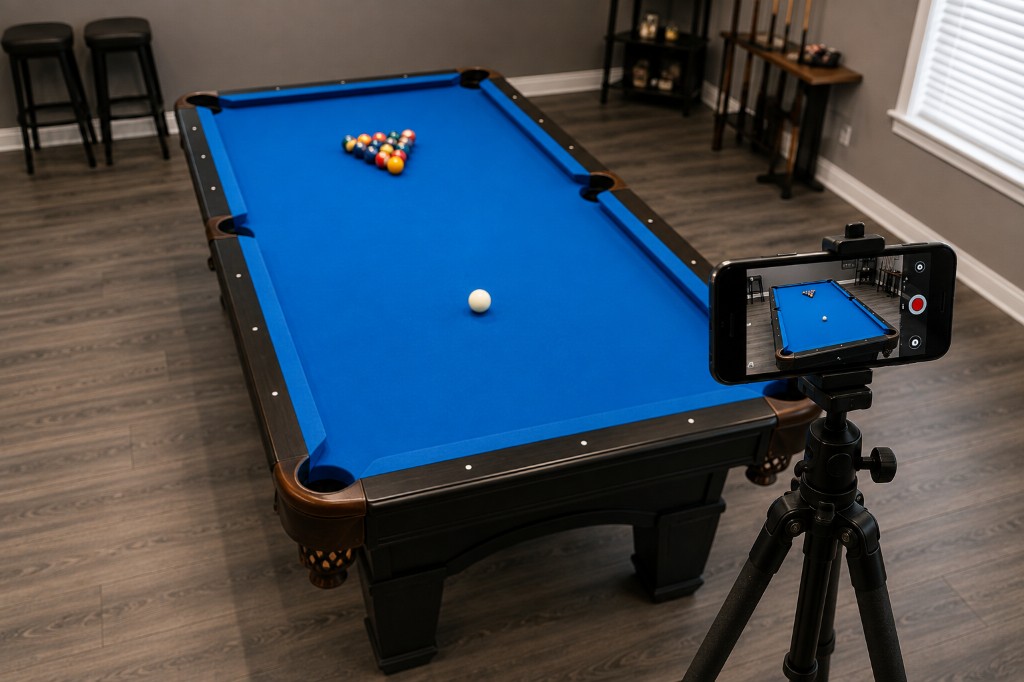 Phone mounted to film the full pool table